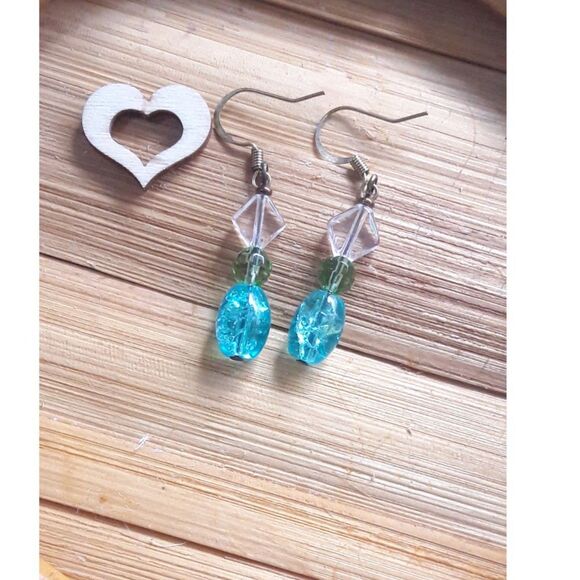 NEW Earrings Summer rain pretty beads as sky blue crackle glass, grass 352#fs- - Picture 2 of 5
